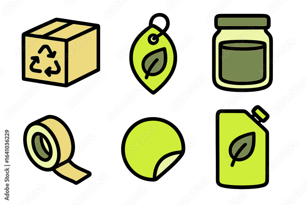 Poster various eco-friendly packaging items featuring recyclable materials and green design elements in a s