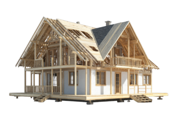 Unfinished wooden house, framework exposed