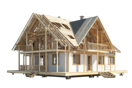 Unfinished wooden house, framework exposed