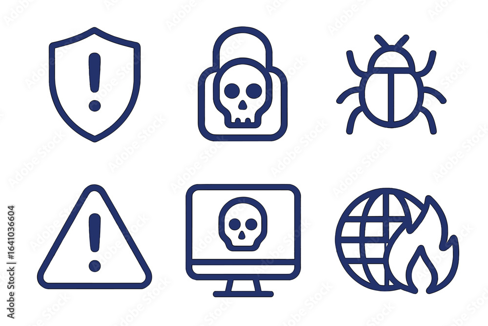 Poster digital security icons representing online threats and protection measures in a straightforward desi