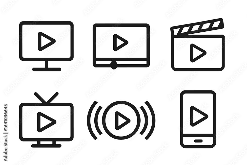 Poster digital media icons representing various platforms for video playback in a modern design on a clean,