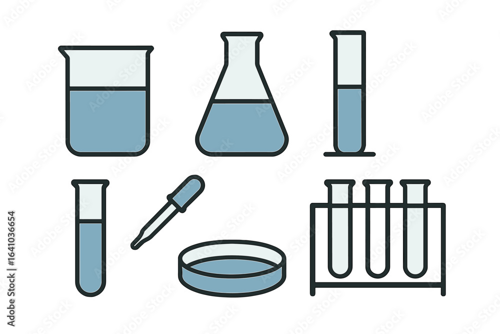 Poster laboratory glassware arranged with various liquid substances in a scientific setting during a resear