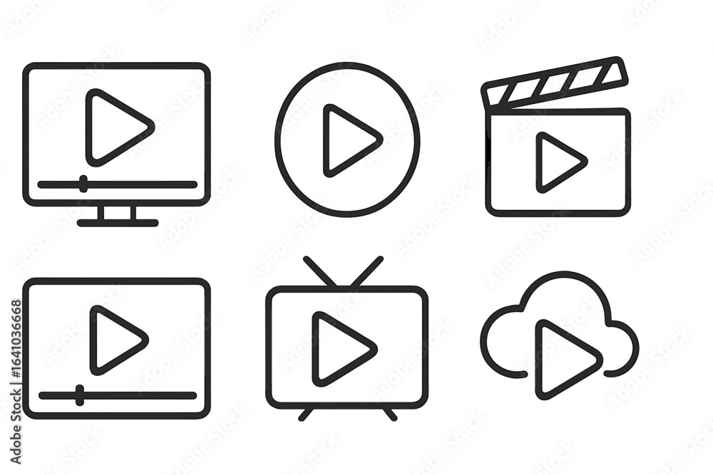 Aufkleber symbols representing video playback and editing features used in digital media across various platfo