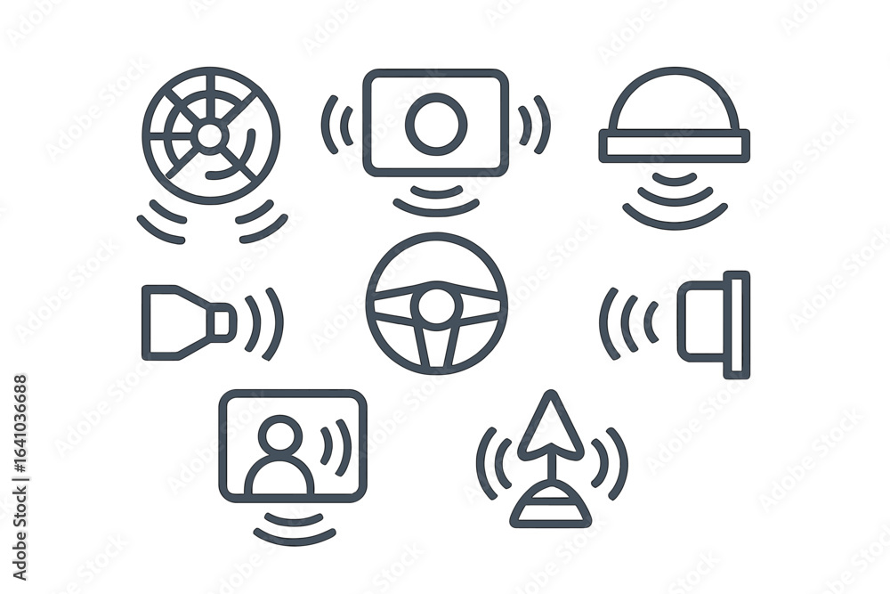 Poster symbols of communication technology showcasing sound waves in a modern digital setup representing co