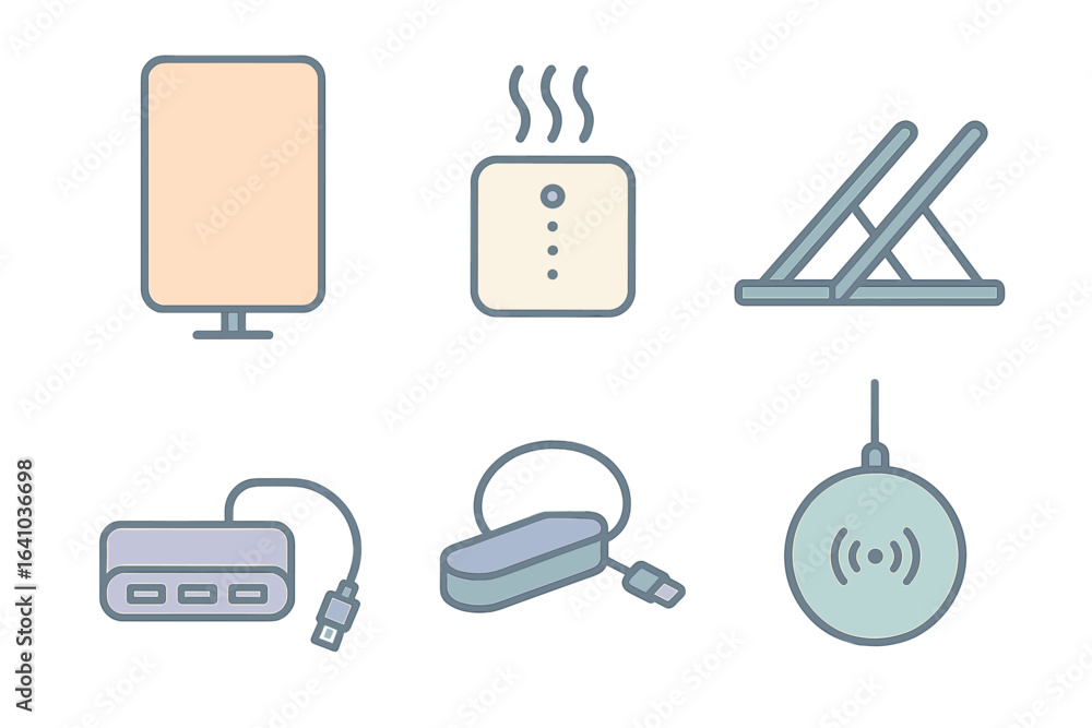 Aufkleber various digital and tech accessories arranged aesthetically on a clean backdrop in a minimalistic se