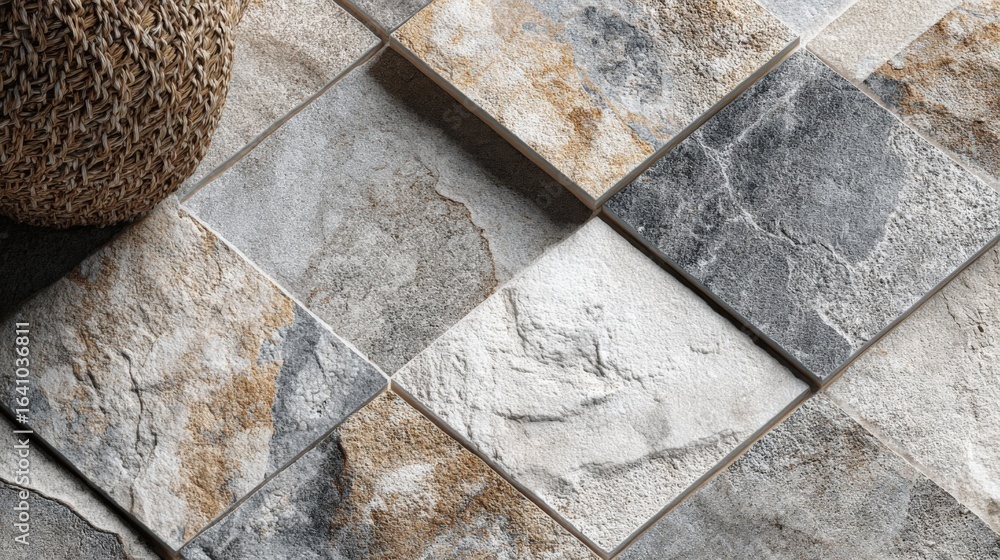Poster close-up of stone textured tiles with varying colors, forming a geometric pattern and decorative ele