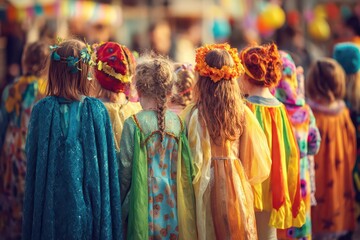 Fototapeta premium Children in colorful costumes prepare for the celebration of the first bell at a school event in early autumn, showcasing joy and excitement