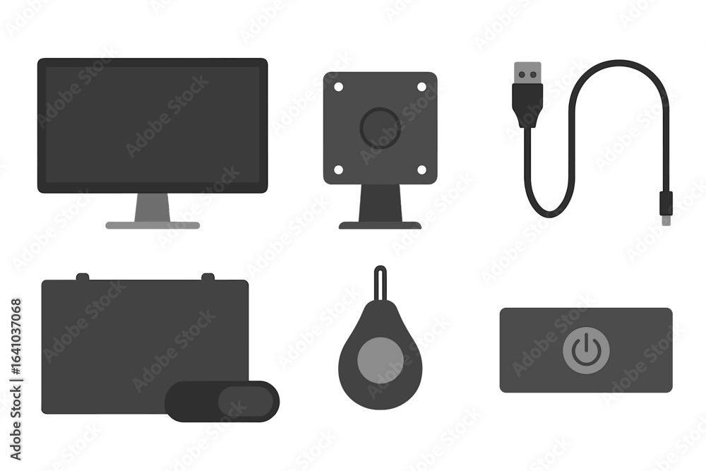 Aufkleber collection of monochrome computer accessories and components arranged on a flat surface showcasing t