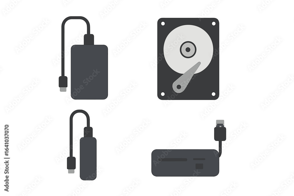 Poster Storage devices with connections displayed on a plain background showcasing various designs and layouts