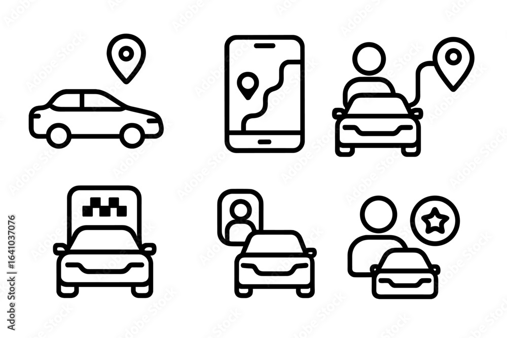 Poster ride-hailing app features illustrated with vehicle icons and user interactions in a modern urban set