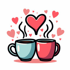 Two mugs with heart-shaped steam and neon colors, symbolizing romantic love and warmth