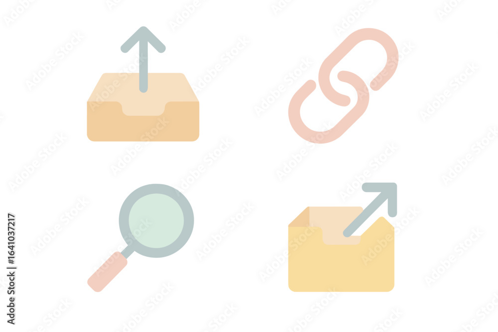 Poster graphic symbols representing uploading, linking, searching, and sending related to digital communica