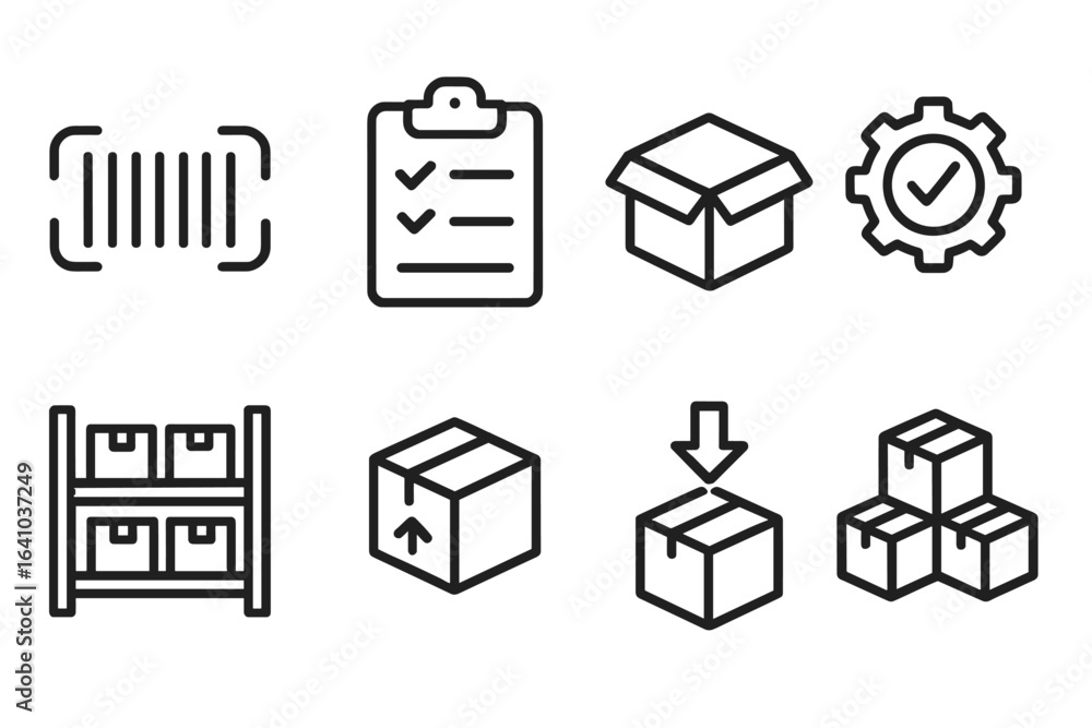 Poster storage management icons signify organization and efficiency in warehouse operations for inventory c
