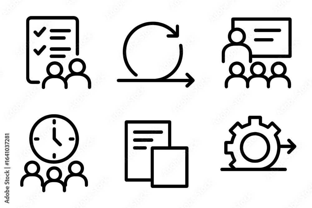 Poster collaboration and planning symbols representing teamwork and project management processes in office 