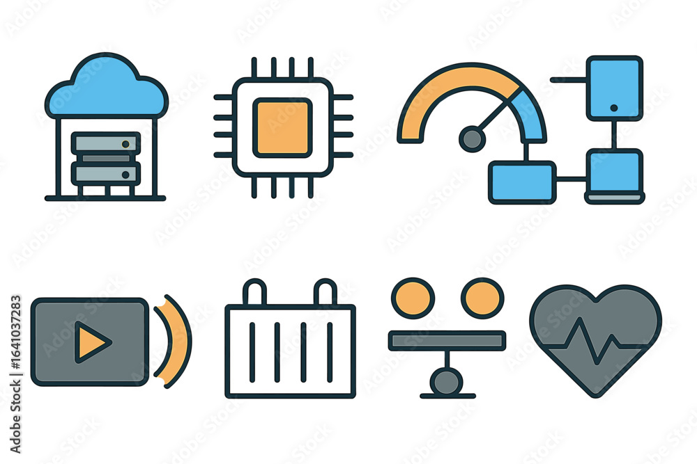 Poster icons representing cloud computing, technology systems, and data management in a modern digital envi