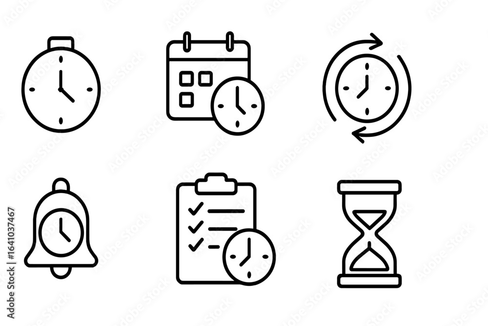 Poster various clock and time management icons illustrating concepts of scheduling, reminders, and time tra