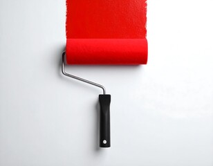 Red paint roller on white wall