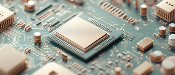 Complex Circuit Board Close Up Showing Network Connections and a Central Chip Processing Data for Fast 5G Networks