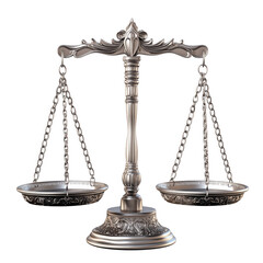 Elegant silver justice scales depicting legal fairness and balance on transparent background