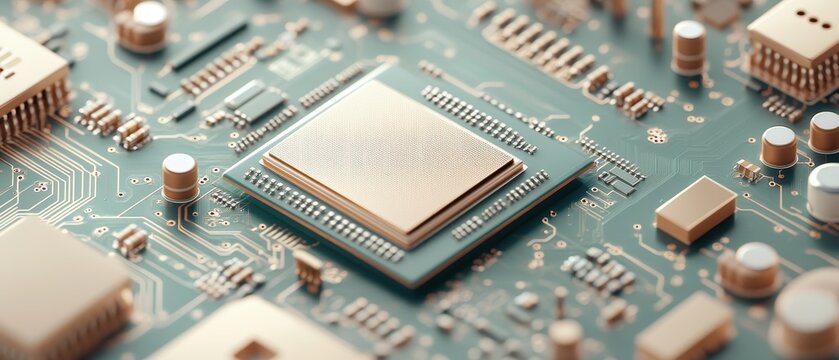 Complex Circuit Board Close Up Showing Network Connections and a Central Chip Processing Data for Fast 5G Networks