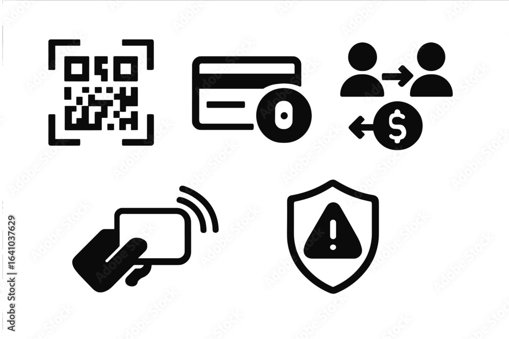 Poster qr codes, digital transactions, and security symbols for modern payment systems displayed together