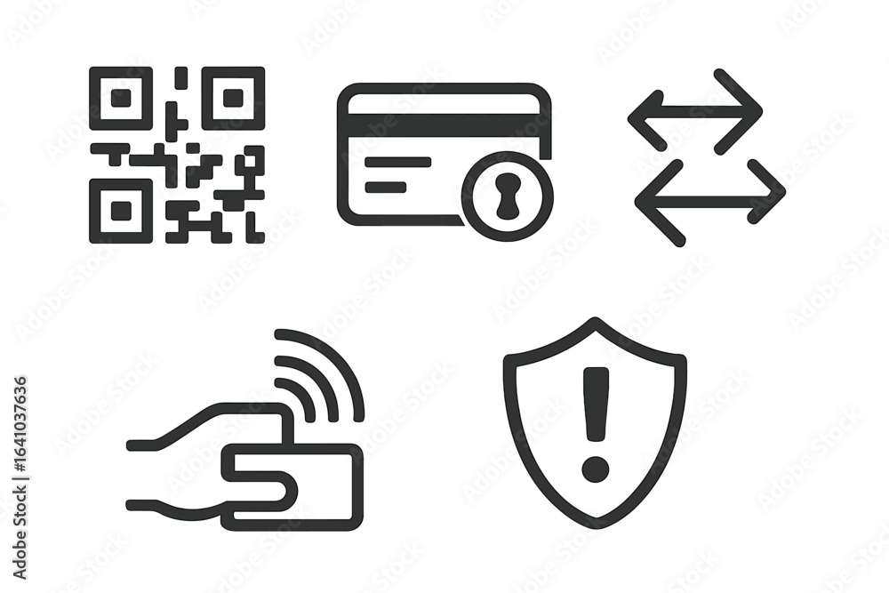 Poster digital payment symbols and security icons representing contactless transactions and data protection