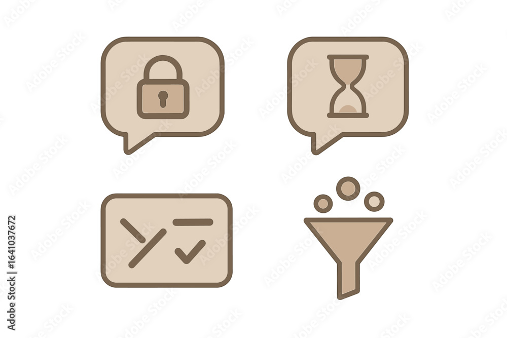 Poster digital icons representing security, time management, communication, and data filtering in a clean, 