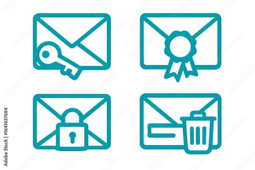 Poster icons representing different email functions including security, organization, removal, and access d