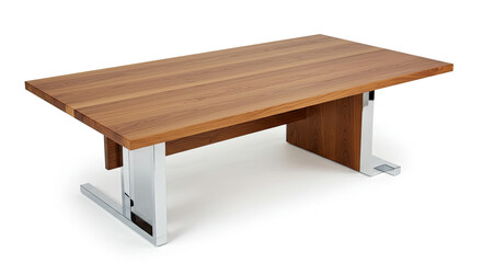 Modern Wooden Table with Chrome Legs on White Background.