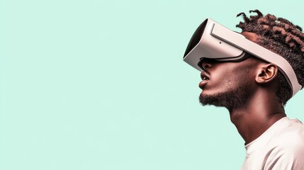 Person looking up with virtual reality headset on. Turquoise background. Networks technology. Internet data transfer. High speed communication.
