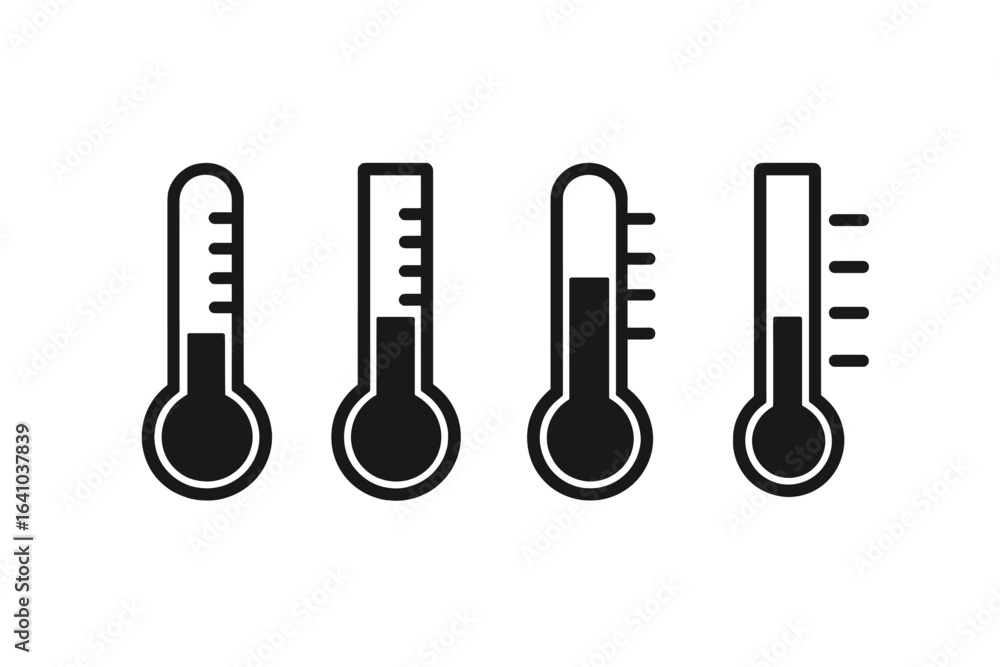 Poster different designs of thermometers showcasing varying levels of temperature readings in a minimalist 