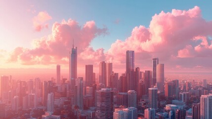 Cityscape Towers Rise Under Pink Clouds at Sunset. Networks Connect Skyline Buildings. Communication across Future Metropolis. Wireless technology.