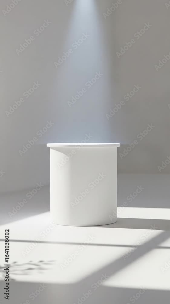 Poster minimalist white cylinder podium display under spotlight in studio with window and plant creating so
