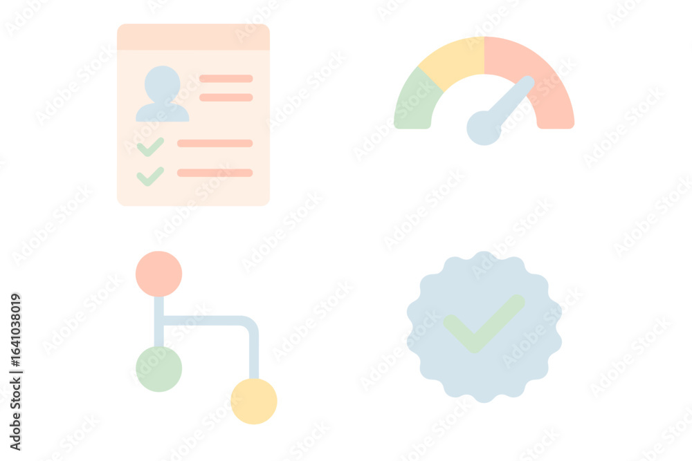 Poster visual representation of user verification process with graphics for checklists, progress tracking, 