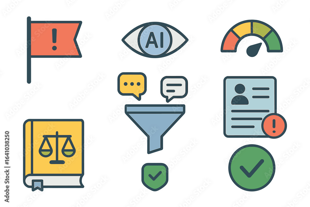 Poster elements representing artificial intelligence, legal issues, and data processing in a modern context
