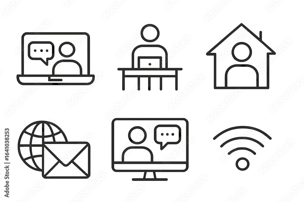 Poster various online communication icons depicting remote interaction and digital networking experiences