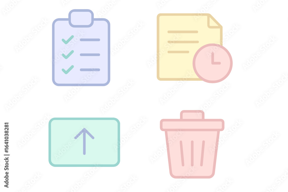 Poster modern design elements featuring a checklist, note, upload icon, and trash bin arranged in a colorfu