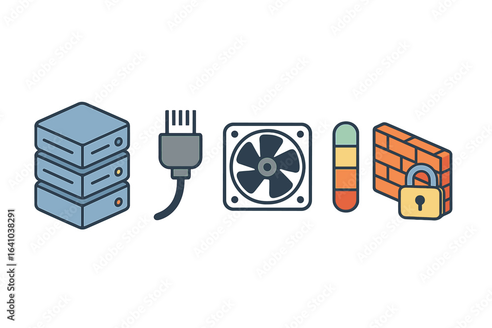 Poster understanding network security elements through icons representing servers, connections, cooling sys