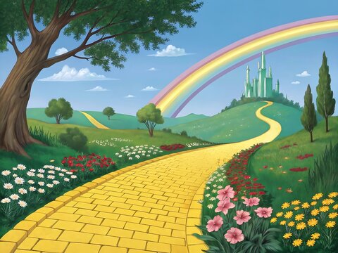 The yellow brick road leading to the emerald city with a rainbow in the sky in a fantasy landscape