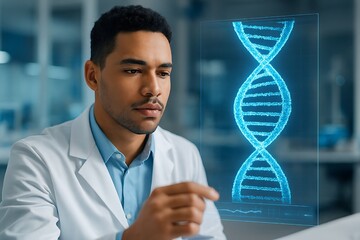 A focused african scientist in a modern laboratory studies a holographic dna model, advancing genetic research and medical innovation for future healthcare solutions