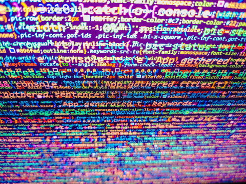 Database bits access stream visualisation. Server complexity, virtual laptop background. Programmer working in a software develop company office. Programmer developer screen