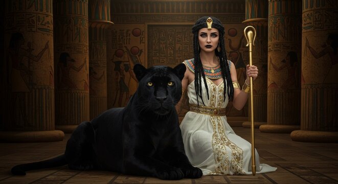 Egyptian queen with black panther in ancient temple - Powered by Adobe