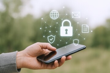 Cybersecurity on Mobile Device: Hand Holding Phone with Digital Security Icons Overlay Against Nature