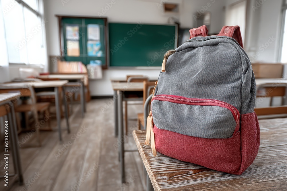 Poster gray and red backpack resting on a desk in an empty classroom, featuring a green chalkboard and a br