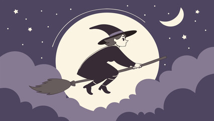 A witch flying on a broomstick in front of a full moon with stars and clouds in the night sky scene