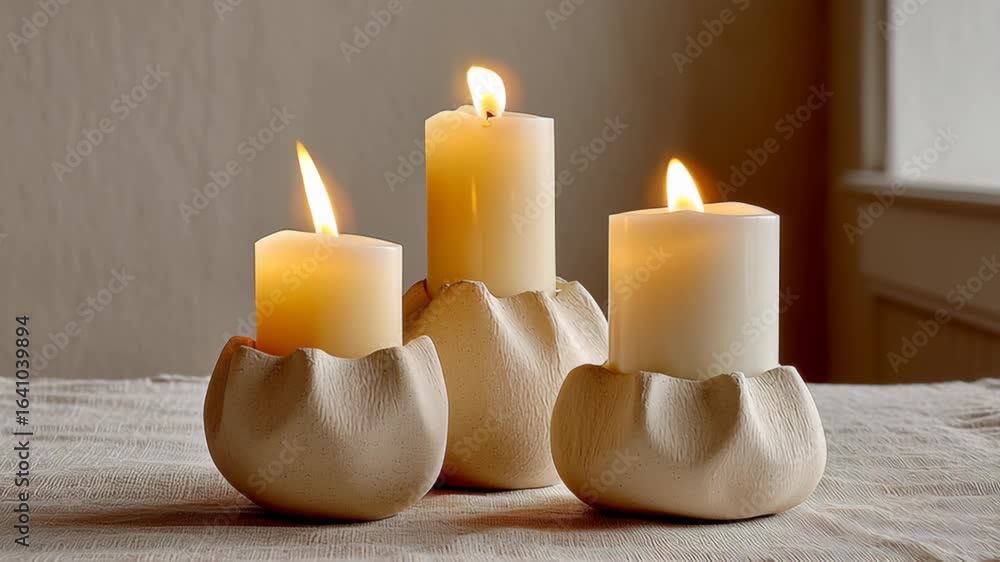 Poster elegant arrangement of three candles in unique ceramic holders, softly glowing with warm light, plac