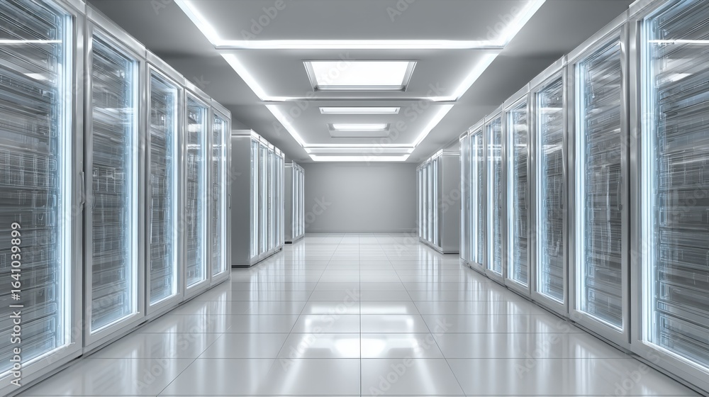 Poster data center interior with server racks, modern technology infrastructure and it systems for cloud co