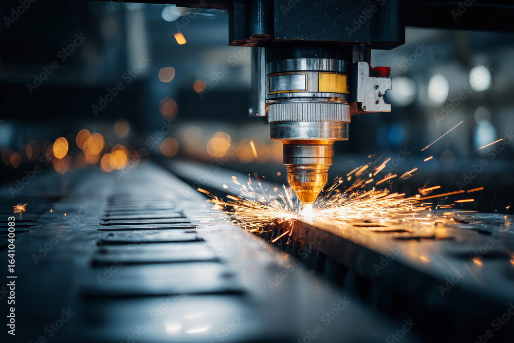 Poster dynamic operation of an industrial laser cutter creating sparks in a modern factory setting