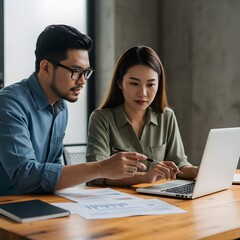 Colleagues collaborating on a project using a laptop in an office setting