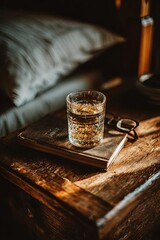 A glass of whiskey on a rustic wooden table beside a cozy bed.